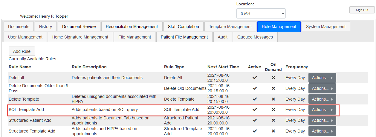 Screenshot Following Addition of SQL Template Add Rule